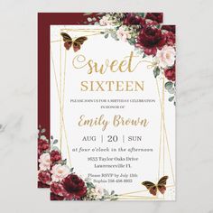 the burgundy and gold floral birthday party card is displayed on a marble surface with flowers