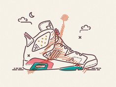 a drawing of a pair of sneakers with colorful lines coming out of the upper part