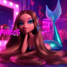 a doll with long hair laying on the floor in front of a mirror and mermaid tail