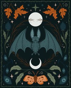 a bat is sitting in the middle of a night scene with leaves, moths and stars