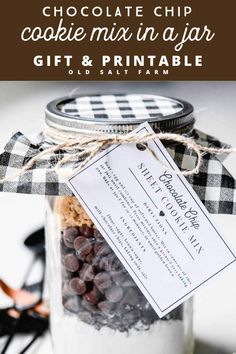 chocolate chip cookie mix in a jar gift and printable tag on the front with text overlay