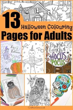 halloween coloring pages for adults with pumpkins, cats and skeletons in the background text reads 13 halloween coloring pages for adults