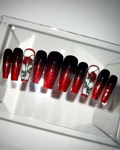 Crimson Glass Rose – Stained Glass Rose and Deep Red to Black Crushed Glitter Ombre Nail Two delicate stained glass rose accents surrounded by crushed red and black glitter ombre. Choose your preferred nail shape and length! Designed by Madi (@madicuring). Order Details Made to order by hand. 7-28 day lead time. Lead t Alcohol Cleanse, Monster Nails, Deep Red Nails, Stained Glass Rose, 2023 Nails, Ombre Nail, Valentine Nails, Nail Time