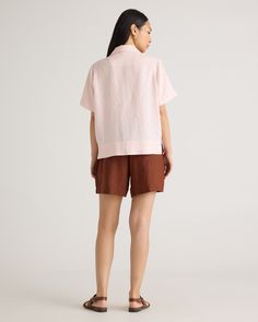 Say hi to relaxed, laidback luxe. Throw on this collared short sleeve with anything to level up a day-to-day fit. The boxy cut will pair with our linen shorts or pants to create your dream resort-life look. Our linen is made from 100% European flax, which is more sustainable and less resource-intensive to grow. Linen is the ultimate year-round fabric because it's breathable and naturally heat-regulating.  | Quince | Women's 100% European Linen Short Sleeve Shirt in Pale Pink, Size XL Casual Short Sleeve Top With Relaxed Fit, Casual Relaxed Fit Short Sleeve Top For Loungewear, Summer Boxy Fit Top With Shirttail Hem, Effortless Boxy Short Sleeve Top, Casual Short Length Tops With Relaxed Fit, Casual Tops With Relaxed Fit And Short Length, Effortless Short Sleeve Tops, Casual Relaxed Fit Short Top, Linen Tops For Daywear