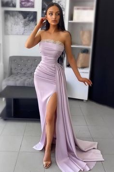 Mermaid Strapless Lace Floor-length Sleeveless Backless High Split Prom Dress-Ballbella Side Split Prom Dress, Stylish Gown, Split Prom Dresses, Prom Dresses Long Mermaid, فستان سهرة, Mermaid Evening Dresses, Looks Chic, Mermaid Prom Dresses, Formal Evening Dresses