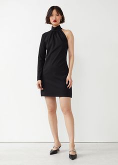 Fitted one-shoulder asymmetric mini dress with gathered neckline and turtleneck. Invisible back zip closureLength of dress: 83cm / 32.6" (EU 36 / UK 10 / US 4) Gathered Neckline, Mini Dress Shop, Fashion Story, Mini Dresses, Black Mini, Tank Dress, Mini Black Dress, Dress Black, Access Denied