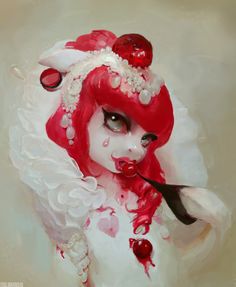 a painting of a woman with red hair and white dress holding a knife in her hand