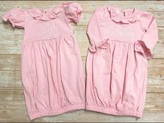 **PLEASE NOTE** If ALL personalization details (name or initials- in order to be sewn, font and thread color) are not included at checkout, your order WILL be delayed. Monogram Baby girl pink cotton gown set,  Infant going home outfit, day gown, infant gown, burp cloth and bib set Beautiful, soft 100% cotton knit infant pink ruffle yoke gown in either short sleeve or long sleeve with optional white bib and burp cloth set with matching pink ruffle trim, custom embroidered with name or monogram in your choice of font and color. Monogram is sewn with a commercial machine that sews beautiful, tight stitches that are made to last. Gown has elastic bottom and single button back closure.  One size: 0-3 month For Monogram option: Please include in personalization section the name or initials you w Personalized Fitted Cotton Dress, Baby Girl Gown, Day Gown, Monogram Baby Girl, Personalized Burp Cloth, Monogram Baby, Ruffle Gown, Cotton Gowns