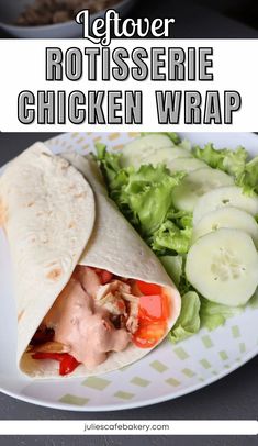 chicken wrap on a plate with lettuce and cucumbers