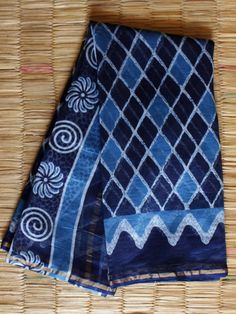 Rhomboid Block-Printed Indigo Chanderi Sari by Shilphaat.com Indigo Block Print, Fancy N, Elegant Sarees, Indigo Dress, Heavy Sweating, Saree Blouse Styles, Natural Indigo Dye