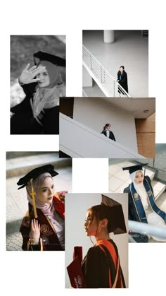 a collage of photos with people in graduation caps and gowns standing on stairs