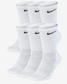 Nike Everyday Cushioned Training Crew Socks (6 Pairs) White L (W 10-13 / M 8-12) B15 COMFORT AND SUPPORT. Power through your workout with the Nike Everyday Cushioned Socks. The thick terry sole gives you extra comfort for footdrills and lifts, while a ribbed arch band wraps your midfoot for a supportive feel. Benefits Dri-FIT technology helps keep your feet dry and comfortable. Thick terry sole provides comfort and impact absorption. Ribbed arch band offers a supportive feel. Crew silhouette cov White Nike Socks, Dri Fit Socks, Nike Crew Socks, Nike Socks, Black Socks, Nike Kids, Athletic Socks, White Sock, Shoes Nike