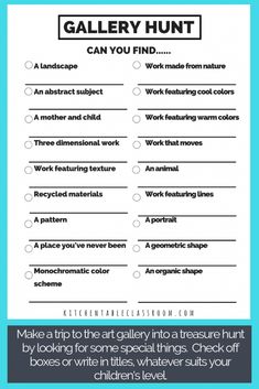 a printable worksheet with the words gallery hunt on it