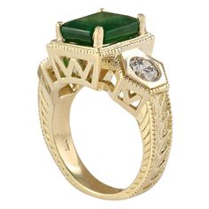 Stamped: 14K Yellow Gold Total Ring Weight: 11.4 Grams Ring Length: N/A Ring Width: N/A Gemstone Weight: Total Natural Emerald Weight is 3.74 Carat (Measures: 10.20x8.80 mm) Color: Green Diamond Weight: Total Natural Diamond Weight is 0.94 Carat Quantity: 2 Color: F-G, Clarity: VS2-SI1 Face Measures: 12.40x11.30 mm Sku: [703901W] Heirloom Yellow Gold Emerald Ring With Center Stone, Formal 14k Gold Emerald Ring With Center Stone, Luxury Signet Ring With Accent Stones, Multi-stone Emerald Ring For Formal Occasions In May, 14k Gold Art Deco Ring With Center Stone, Multi-stone Emerald Ring For Formal May Birthstone, Timeless Yellow Gold Rings With Accent Stones, Heirloom Emerald Ring With Accent Stones In 14k Gold, Heirloom 14k Gold Emerald Ring With Accent Stones