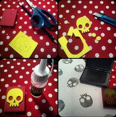 the process is being made with yellow paper and skull stencils on red fabric