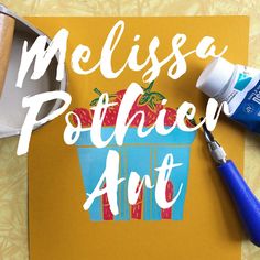 a piece of paper with the words melissea pottie art on it and some paint