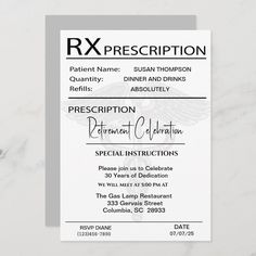 a prescription card with the words prescription in black and white, on a marble surface