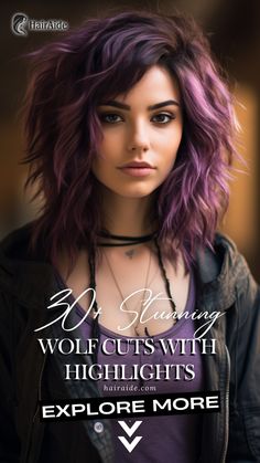 Unveil a world of color with Black Hair and Purple Highlights in an all-over Wolf Cut. Click for more wolf cut with highlight style inspiration! Wolf Cut With Highlights, Black Hair With Purple Highlights, Purple Hair Color Highlights, Double Hair Buns, Witchy Hair, Purple Hair Highlights, Dark Green Hair, Summer Hair Care, Shaggy Long Hair