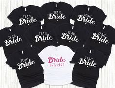 "Hen party slogan tee Bride/Team Bride ✔️100% cotton ✔️available in both ladies fitted (please note these are quite small made) or unisex  loose fit  ✔️machine washable     Loose fit: S 35/37\" M 38/40\" L 41/43\" XL 44/46\" 2XL 47/49\"  Ladies fitted: XS 8 S 10 M 12 L 14 XL 16 2XL 18" Party Slogans, Bride Design, Bride Team, Bachelorette Ideas, Hen Night, T Shirts White, Hens Night, Bride Squad, Slogan Tee