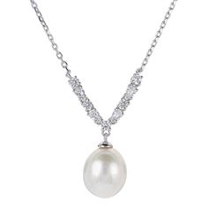 18" 9-9.5mm Cultured Pearl and Created Sapphire Mini Y-Drop Necklace Pavé created white sapphires form a petite Y-pattern above this necklace's pearl drop. Elegantly understated, the piece is a fresh and elevated take on a popular necklace design.       Necklace approx. 18"L      Drop approx. 3/4"L x 3/4"W     Stamped .925 sterling silver; polished finish      Cable-link chain: lobster-claw clasp     Stone Information       All sizes and weights approximate     White Cultured Freshwater Pearl: Off-round (9-9.5mm)     Created White Sapphire: Round; 0.20ctw, pear-shaped; 0.28ctw Popular Necklaces, Necklace Design, Drop Necklace, White Sapphire, Pearl Drop, Cultured Pearls, Necklace Designs, Link Chain, Pear Shaped