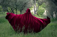 a woman in a red cloak is walking through the grass