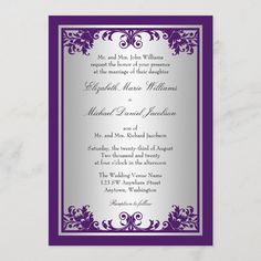 an elegant purple and silver wedding card