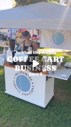 a woman standing behind a table with food on it and the words coffee cart business