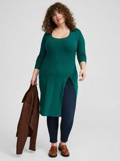 FIT Model is 5'9” wearing size 1. . Measures 44” from shoulder (size 2). . MATERIALS + CARE Super Soft Rib knit fabric: Tucked in or not, this ultra-soft and stretchy textured knit is your perfect base layer. . Stretch level: Maximum. 66% polyester, 34% rayon, 10% spandex. Machine wash cold. Line dry. . Imported. DETAILS Scoop neck. Long sleeves. Asymmetrical hem. . The best plus size women's super soft rib scoop neck asymmetrical hem top long sleeve tops in botanical garden made of supersoftrib Asymmetrical Hem Top, New Street Style, Shoes For Leggings, Textured Knit, Knit Fashion, Asymmetric Hem, Dress With Cardigan, Fashion Tops, Scoop Neck