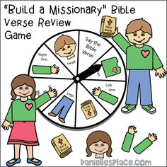 a wheel with children holding books and the words build a missionary bible verse review game