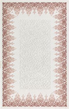 a pink and white area rug with an intricate design on the border, in front of a