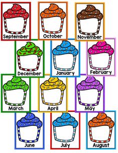 months of the year with cupcakes and numbers to be used in this activity