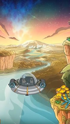 an image of a cartoon scene with a boat in the water and mountains behind it