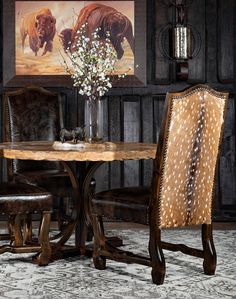 Axis Hide Dining Chair Western Dining Room, Axis Deer Hide, Adobe Interior, Axis Deer, Furniture Craftsmanship, Swivel Glider Chair, Dining Table Rustic, Deer Hide, Southwest Decor