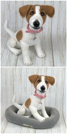 two pictures of a dog sitting on top of a pillow