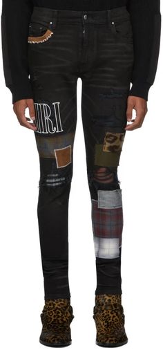 Amiri: Black Grunge Patch Medium Crafted Jeans | SSENSE Trendy Fitted Jeans With Patches, Patched Jeans For Streetwear In Fall, Trendy Fitted Bottoms With Patches, Fall Streetwear Jeans With Patches, Urban Cotton Jeans With Patches, Black Patchwork Denim Jeans, Straight Leg Bottoms With Patches For Fall, Fall Straight Leg Bottoms With Patches, Fall Season Straight Leg Bottoms With Patches