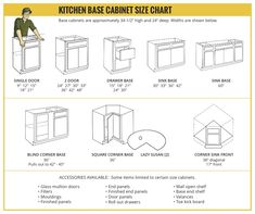 the kitchen cabinet size chart is shown with instructions for how to fit it and what to put