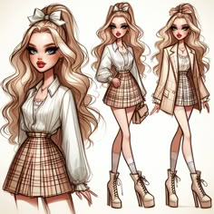 a drawing of a girl with long blonde hair wearing a skirt and jacket, standing in front of the camera