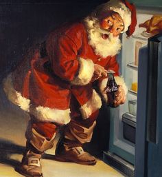 a painting of santa claus looking into an open refrigerator with his hand on the door