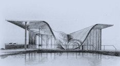 a drawing of a building that is next to a body of water