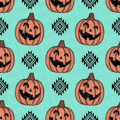 pumpkins with faces and arrows on a blue background, seamless pattern for fabric or wallpaper