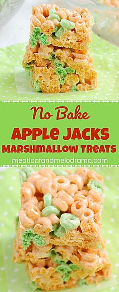 no bake apple jacks marshmallow treats stacked on top of each other