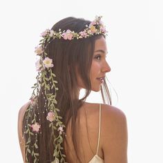 Blush Pink and Green Flower Crown with Pearls and Long Vines Down the Back, Wedding Headpiece  I created this boho flower crown using different blush pink silk flowers and lots of wired pearls and some faux greenery. The Headpiece is a complete circle, and is taller in the front tapering down in the back. there is lots of pretty green vine leaves and strings of floating pearls going down the back. the longes vine is about 24 inches. this creates a cascade of flowers leaves and peals does your ba Real Flower Crown Wedding, Crystal Flower Crown, Crown With Pearls, Green Flower Crown, Blush Pink Flowers, Wedding Hairstyles And Makeup, Pink Flower Crown, Crown Aesthetic, Boho Flower Crown