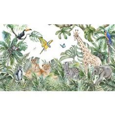 an image of a jungle scene with giraffes, zebras and other animals