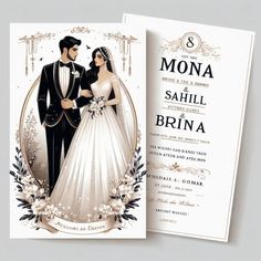 a wedding card with an image of a bride and groom in formal attire on it