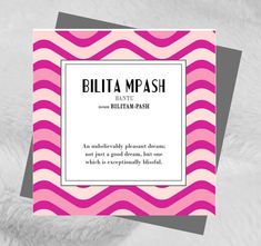 a pink and white striped card with the words, eliita mash on it