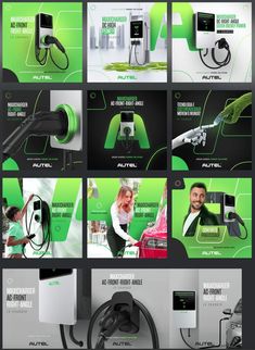 green and white advertising brochure with images of electric vehicles, including an automatic car charger