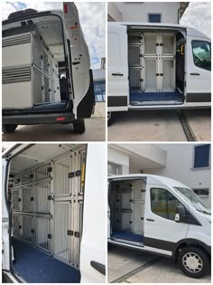 four different pictures of the inside of a van with doors open and two side by side