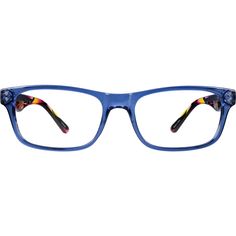 Classic design is updated with the modified wayfarer look of this plastic full-rim eyeglasses. Designer temples with a metal badge accent the temple arms moving this retro look a notch higher in style points. | Zenni Sporty Rectangle Prescription Eyeglasses Blue Plastic Rectangle Glasses, Zenni Optical, Prescription Eyeglasses, The Temple, Retro Look, Eyeglasses Frames, Classic Design, Temple, Sunglasses