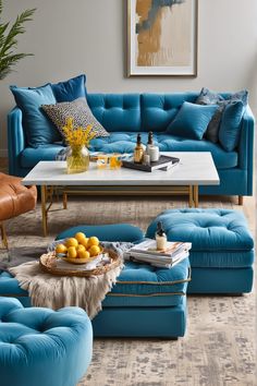 a living room with blue couches and coffee table