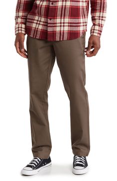 A crisp, stretchy cotton blend makes it easy to look smart and stay comfortable in wardrobe-staple chinos styled with a flat front and classic straight-leg fit. Zip fly with button closure Front slant pockets; back welt pockets 60% cotton, 40% polyester Machine wash, dry flat Imported Men's Clothing Fitted Bottoms With Straight Hem For Winter, Brown Cotton Straight Bottoms, Brown Straight Cotton Bottoms, Fitted Cotton Bottoms With Straight Hem, Solid Straight Cotton Bottoms, Solid Cotton Straight Bottoms, Brown Fitted Straight Bottoms, Fitted Brown Pants For Everyday Wear, Brown Fitted Straight Pants